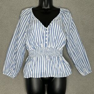 J.Crew Womens Blue White Stripe Babydoll Blouse XS Long Slv Smocked Waist Cotton